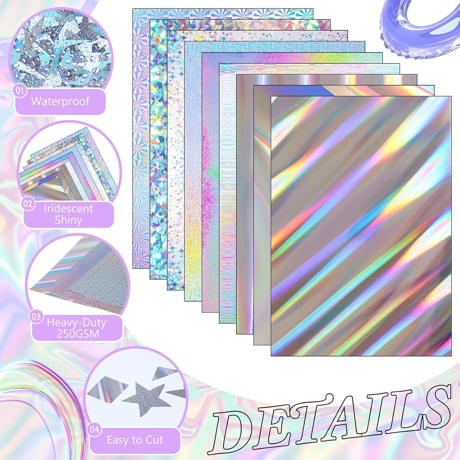 Kosiz 100 Sheets Metallic Holographic Card Stock Shiny Glitter Cardstock Iridescent Mirror Paper 8.5 X 11'' 250 GSM Thick Mixed Color Foil Paper for Scrapbook Letter Poster Craft(Multi Color)
