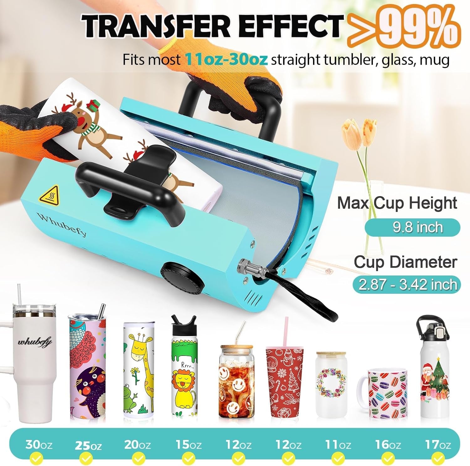 11-30 OZ Tumbler Heat Press Machine, Mug Heat Press DIY Sublimation for 11OZ 16OZ 20OZ Skinny Tumblers Glass/Ceramic/Aluminium Mug Coffee Cup 2.87-3.42In,Blue Cup Press with 20 Heat Papers/Tape/Gloves