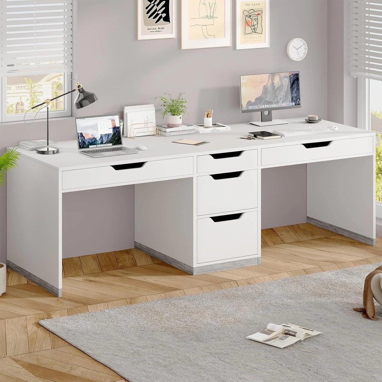 78 Inch Two Person Desk, 2 Person Desk with 5 Drawers, Double Desk for Two People, Computer Desk for Home Office, White