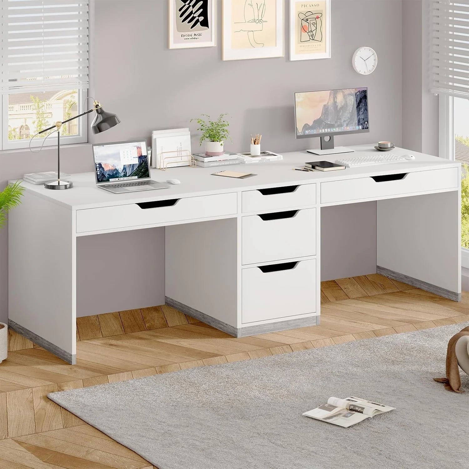 78 Inch Two Person Desk, 2 Person Desk with 5 Drawers, Double Desk for Two People, Computer Desk for Home Office, White