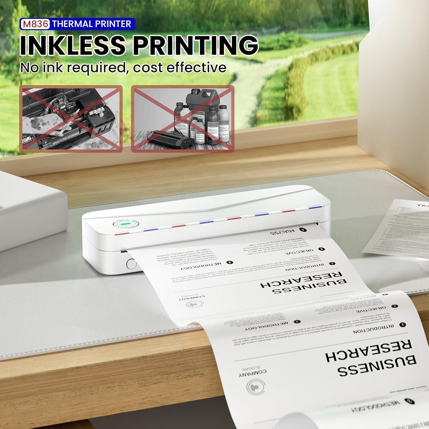 Phomemo Portable Thermal Printer - Portable Printer Wireless for Travel, Support 8.5'' X 11'' US Letter & A4, M836 Bluetooth Inkless Printer for Home Use, for Iphone & Laptop, 1 Roll Paper
