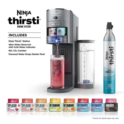 Thirsti Drink System Complete Still and Sparkling Customization Drink Kit with CO2 Canister, Flavors, and 48Oz Reservoir, WC1000, Gray