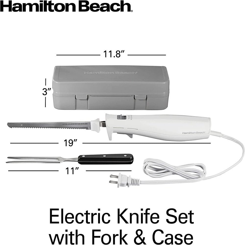 Electric Knife Set with Fork and Case, Ergonomic Design, Stainless Steel Reciprocating Blades, White, 74251