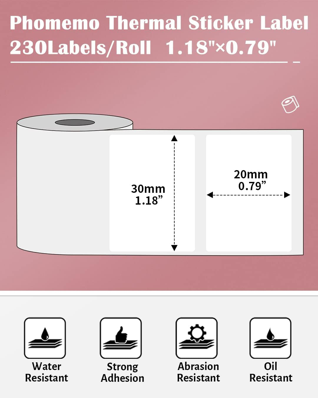 Phomemo Thermal Labels for M110/M221/M220/M120/M200 Label Printer,1.18" X 0.79" (30X20Mm), 300 Labels/Roll, Black on White