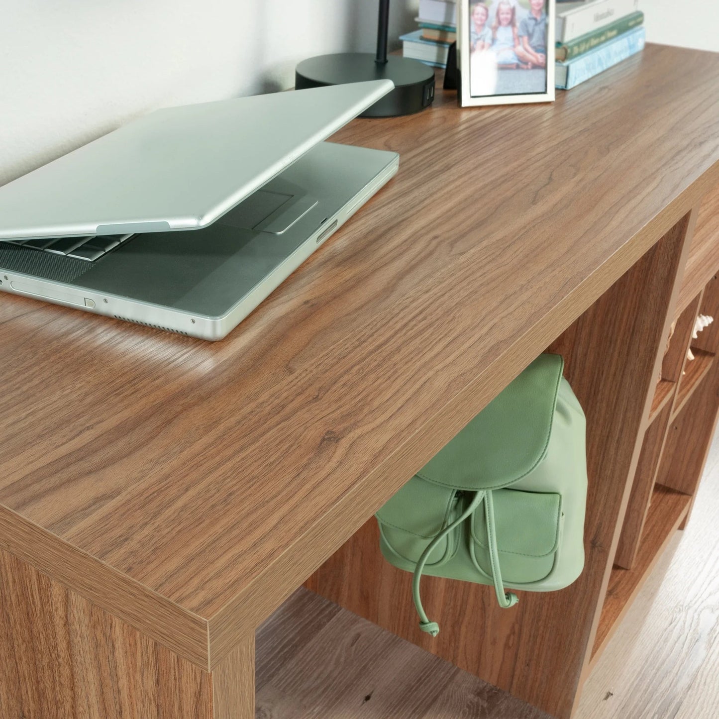 Westley Adjustable Shelf Desk with Gaming Headphone Hook and Cable Management, Warm Walnut Finish