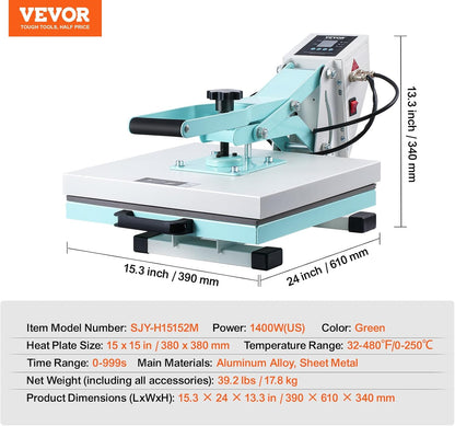VEVOR Heat Press 15X15, High Pressure Heat Press Machine for T Shirts, Slide Out Professional Heat Press for Sublimation, Vinyl, Heat Transfer Projects, Heats up Fast & Evenly, Green