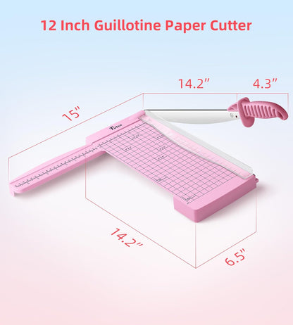 Firbon 12" Guillotine Paper Cutter with Hidden Ruler, Compact Paper Trimmer | 12-Sheet Capacity | Pink | Dual Scales | Paper, Cardstock & Photo Trimming | Scrapbooking Crafts | Office, Home & Studio Use