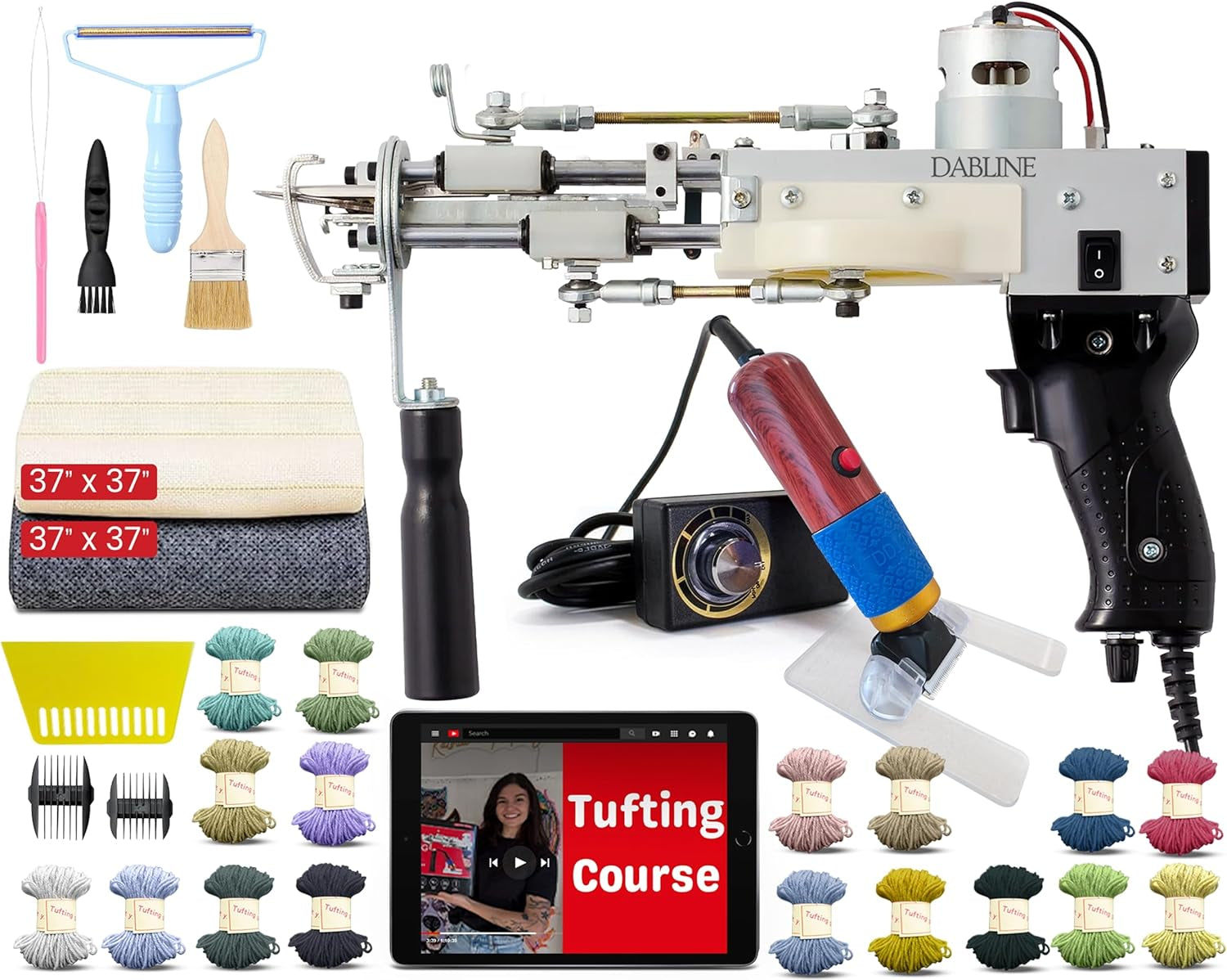 Dabline Rug Tufting Gun Kit – Complete Tufting Supplies Including 2 in 1 Cut & Loop Pile Rug Tufting Gun, Carpet Trimmer, Tufting Cloth, Backing Cloth, 20 Color Yarns, Tools & Accessories