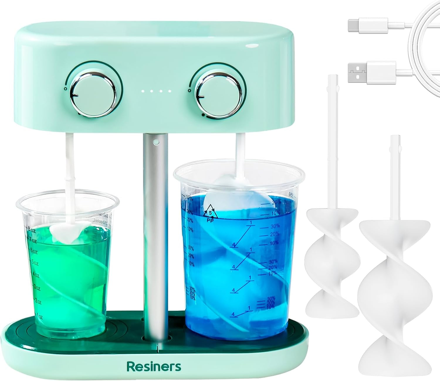 Dual-Head Resin Mixer with Spiral Silicone Paddles, Rechargeable Epoxy Mixer, Stepless Speed & Minimum Bubbles, Electric Stirrer for Resin,Silicone,Paint Mixing,Resin Tools,Diy Crafts