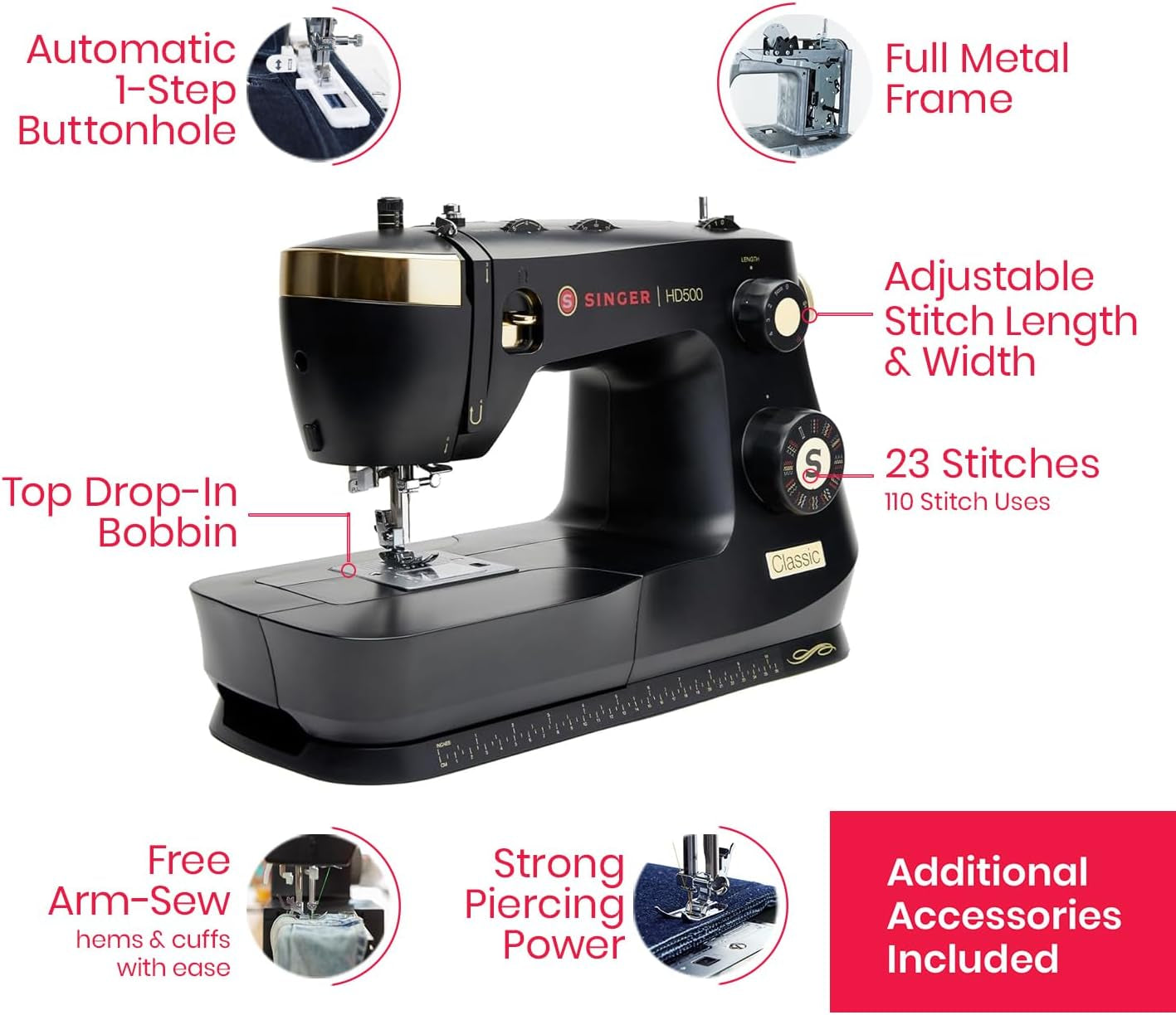 SINGER® Heavy Duty 500 Classic High Speed Sewing Machine + Accessory Kit | 23 Built-In Stitches, Strong Motor, Strong Piercing Power, 1-Step Buttonhole, Full Metal Frame, Large Sewing Space, LED Light