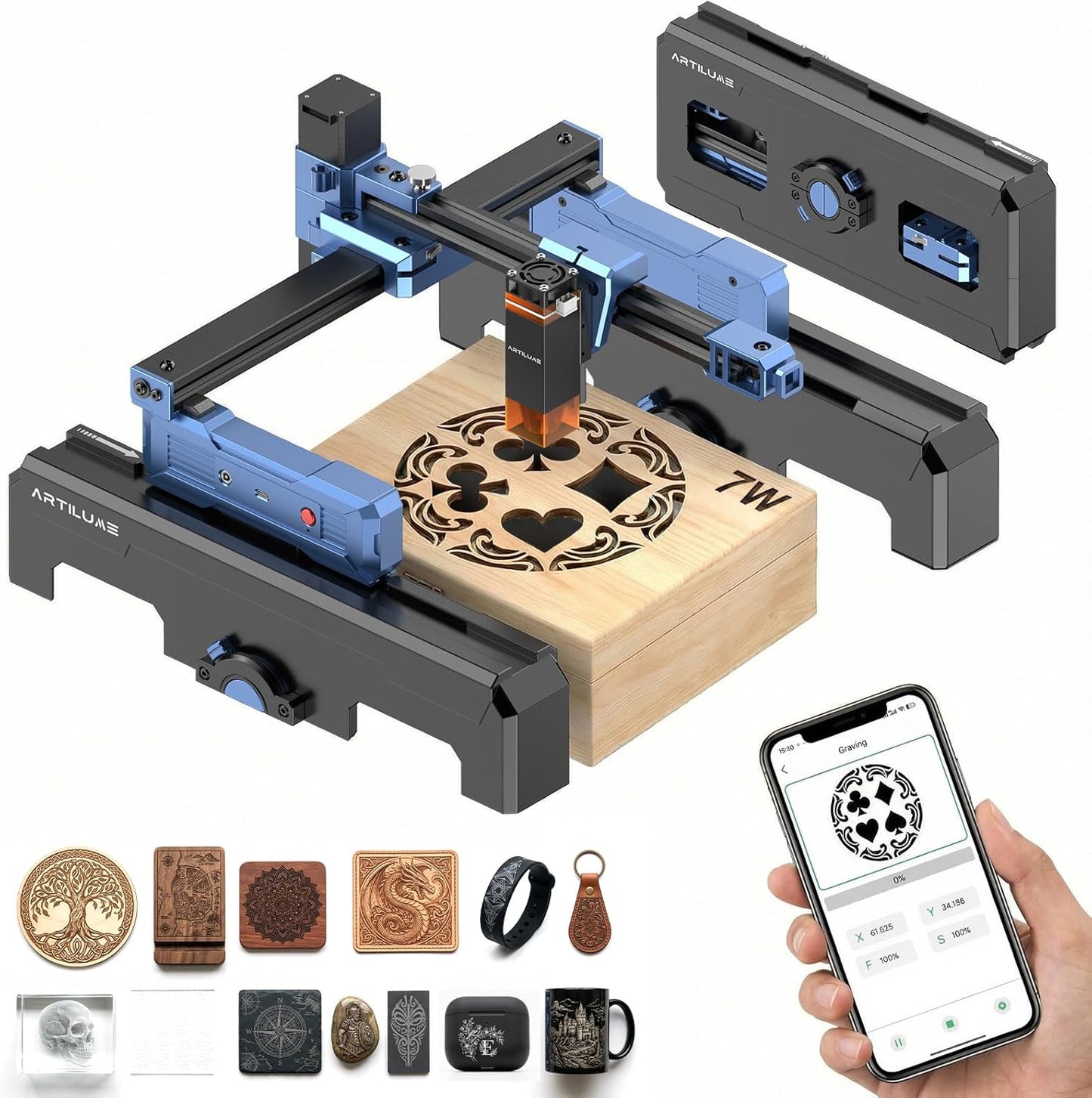 Artilume Laser Engraver 7000Mw App-Control Foldable Design with Height Extension and Protective Enclosure Portable Laser Cutter and Engraver Machine 200X150Mm Large Engraving Area (T1-P)