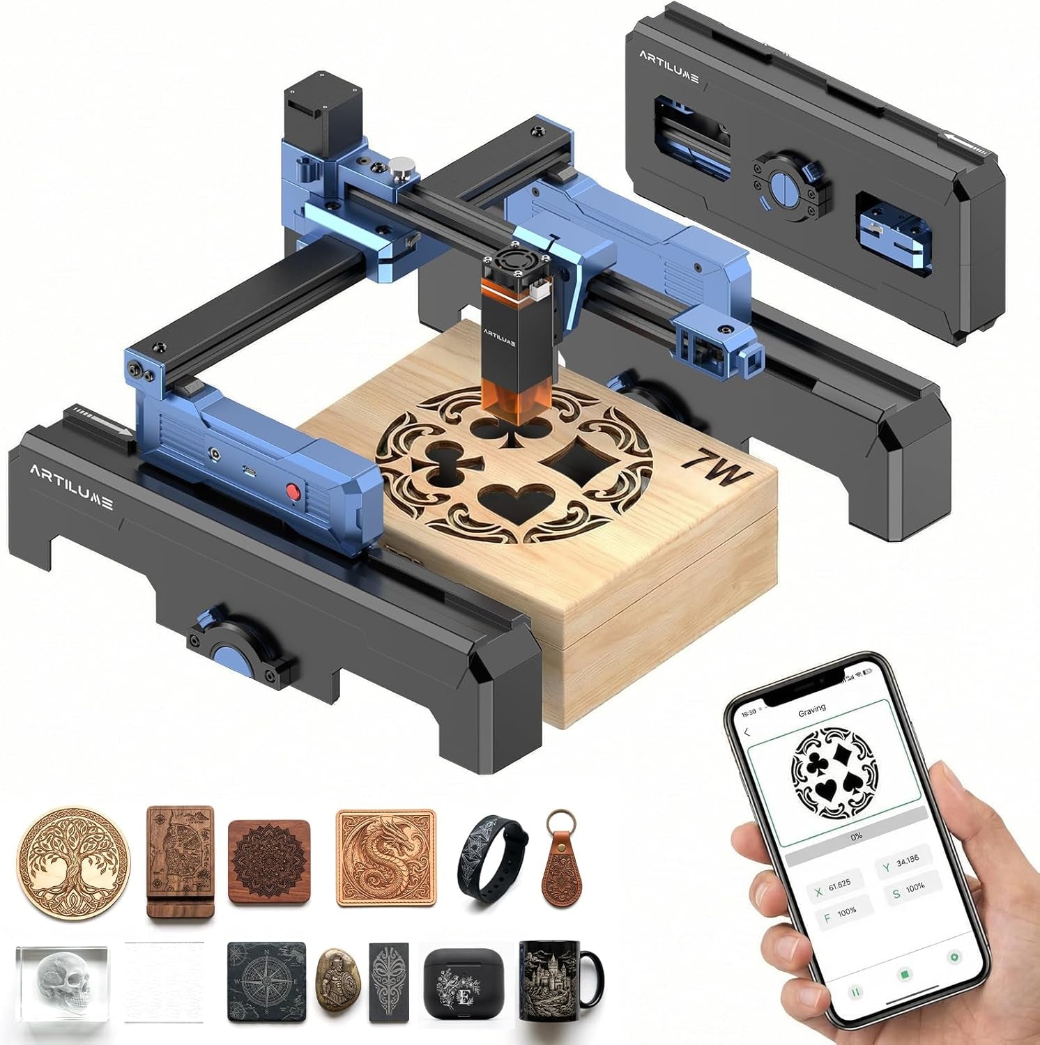 Artilume Laser Engraver 7000Mw App-Control Foldable Design with Height Extension and Protective Enclosure Portable Laser Cutter and Engraver Machine 200X150Mm Large Engraving Area (T1-P)