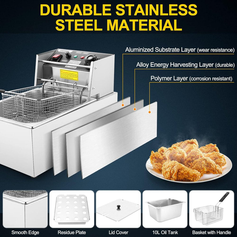 Qhomic 1500W 6L Electric Deep Fryer with Removable Basket and Lid Stainless Steel Large Single-Cylinder Countertop Fryers for Home Kitchen Ideal for Fish, Turkey, French Fries