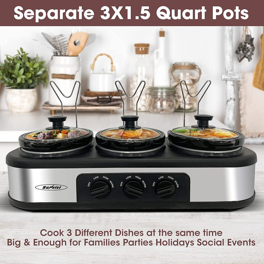 Triple Slow Cooker, 3X1.5 Quart Electric Slow Cooker Buffet Server, Food Warmer Cooking Pot, Adjustable Temp Removable Ceramic Pots Lid Rests