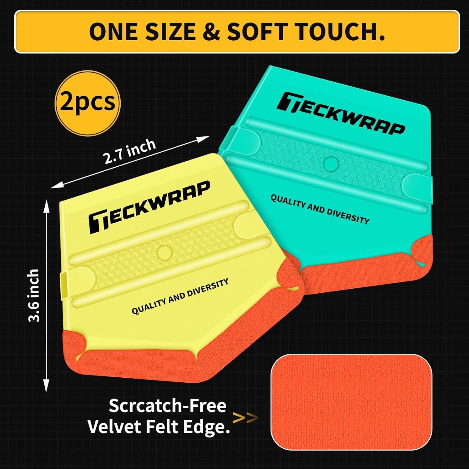 Felt Squeegee for Vinyl Wrap,Dual-Corner Design, Twin Ribs for Grip, 2 Hardness Levels (Soft/Medium), V-Shape for PPF, Chrome & Tint, Yellow 40A / Blue 50A
