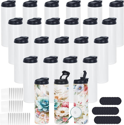24 Pack 20 Oz Sublimation Tumbler Bulk Straight Skinny, Sublimation Water Bottle Blanks with Flip Straw Lid, Insulated Stainless Steel Dual Opening Blank Bottles Cups for Heat Transfer Diy