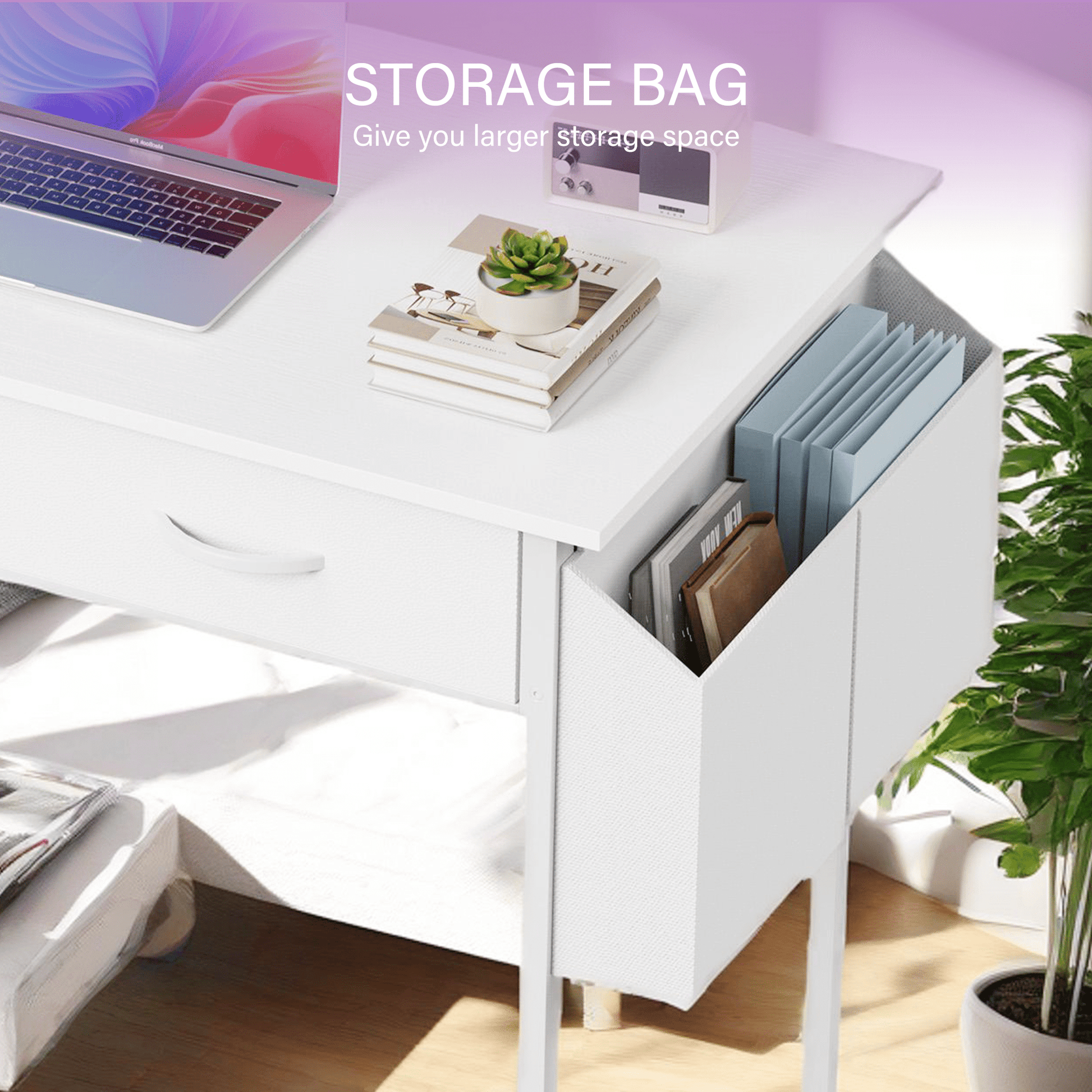 32 Inch Small Desk with Fabric Drawers & Storage Bag Iron Hook, Computer Desk,White Vanity Desk with Storage for Bedroom, White