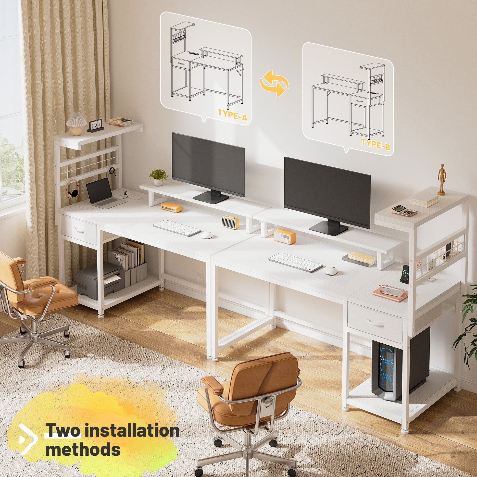 39.4" W Gaming Desk with LED Light Coner Desk with Drawers PC Desk with Reversible Shelves, White