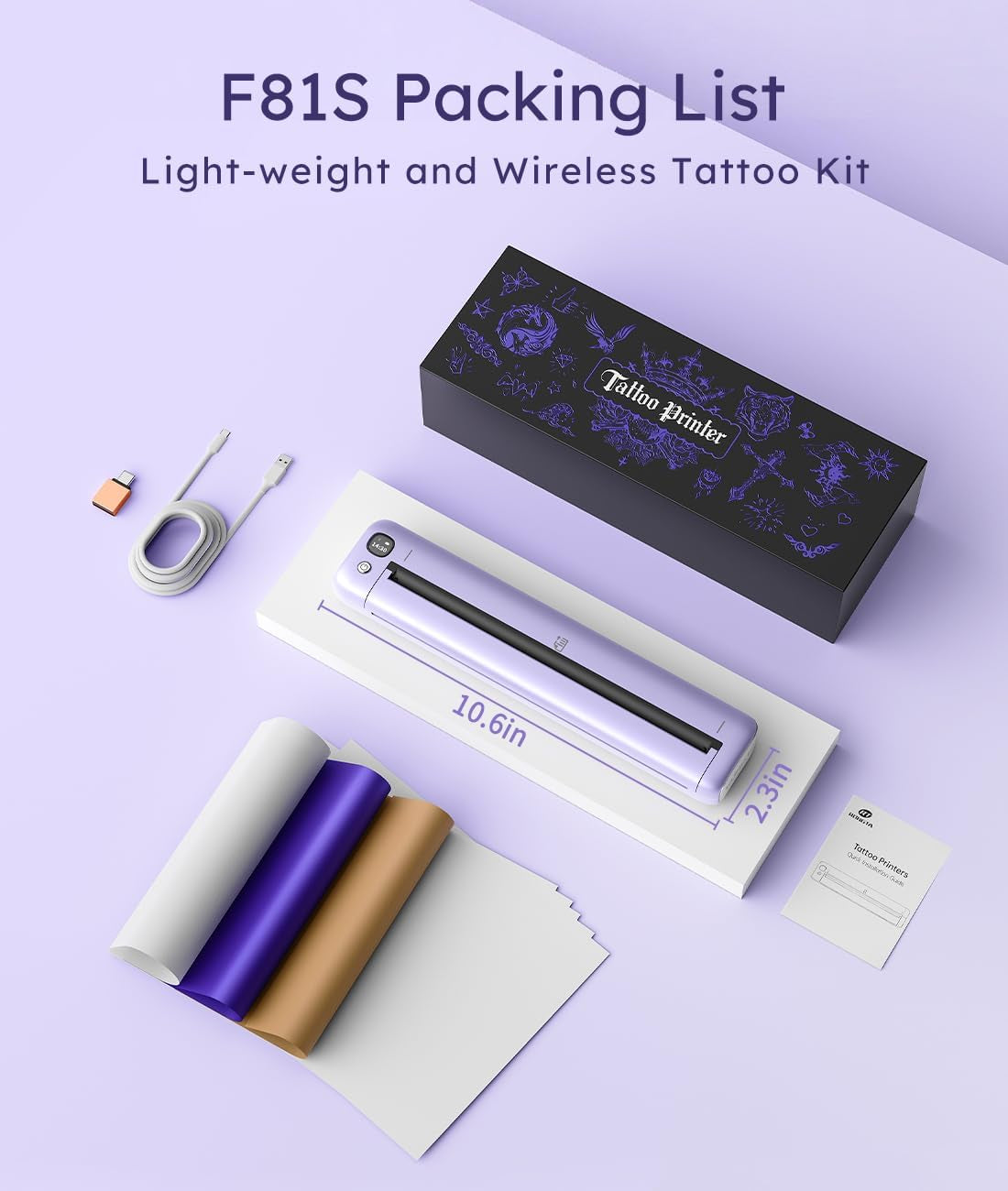 Rongta Tattoo Stencil Printer, F81S Wireless Thermal Tattoo Machine with 5Pcs Transfer Paper, Compatible with Phone/Tablet/Pc/Laptop, Bluetooth Tattoo Printer for Tattoo Artist & Beginner, Purple