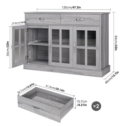 Buffet Server Cupboard, Kitchen Sideboard Cabinet with 3 Doors and 2 Drawers for Dining Room, Sliver Gray Finish