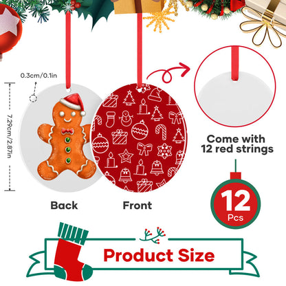 Sublimation Ornament Blanks - 24Pcs Ceramic Sublimation Christmas Ornament Blanks Sublimation Blanks Ornaments Bulk with Red Strings for Christmas Halloween Decor(2.87Ches)