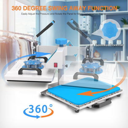 HORGELU 5 in 1 Heat Press Machine 12X15 Inch Heat Transfer Machine 360-Degree Swing Away Multifunction Digital Sublimation Combo Heat Press for T Shirt Mug Hat Plate for Commercial Home 110V