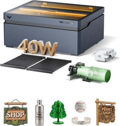 Vision 40W Laser Cutter and Engraver Machine, with Auto-Lifting, HD Camera, 4-In-1 Rotary, 600Mm/S Speed, Diode Laser Engraver for Tumblers Wood Metal Acrylic Small Business - Rotary Bundle