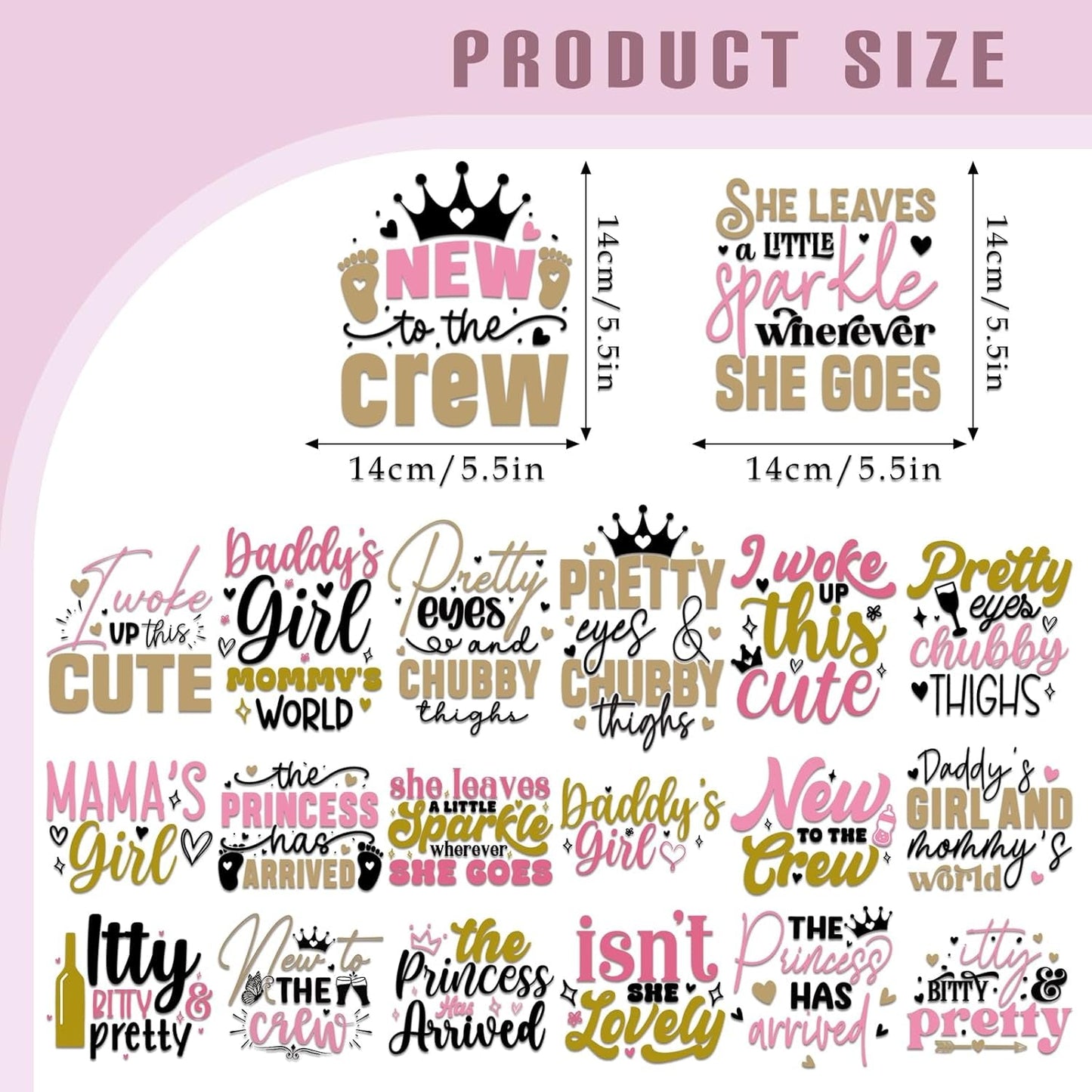 Dazoratix Baby Girl Iron on Transfers - 20 Sheets Cute Onesie Newborn Princess DTF Ready to Press Heat Patches Vinyl Stickers Decals for T Shirts Clothing Clothes Pillow Appliques DIY Craft Decoration