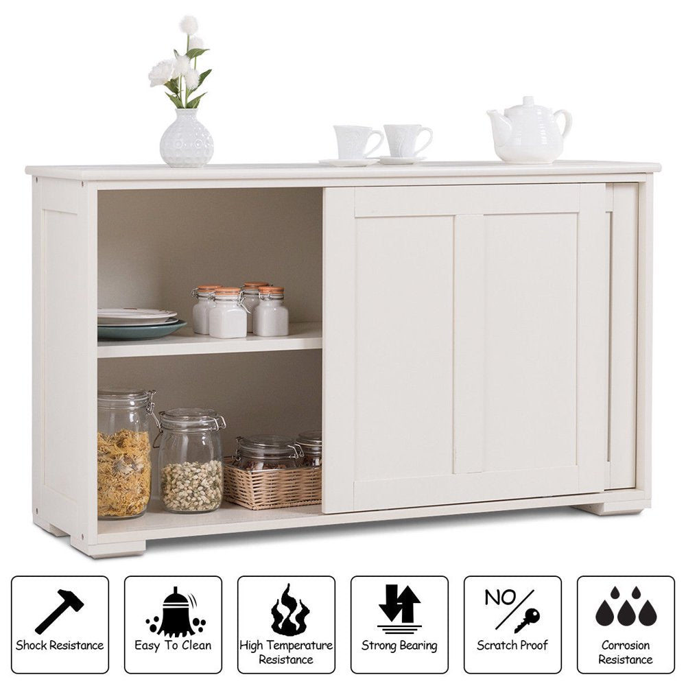 Kitchen Storage Cabinet Sideboard Buffet Cupboard Wood Sliding Door Pantry Cream White