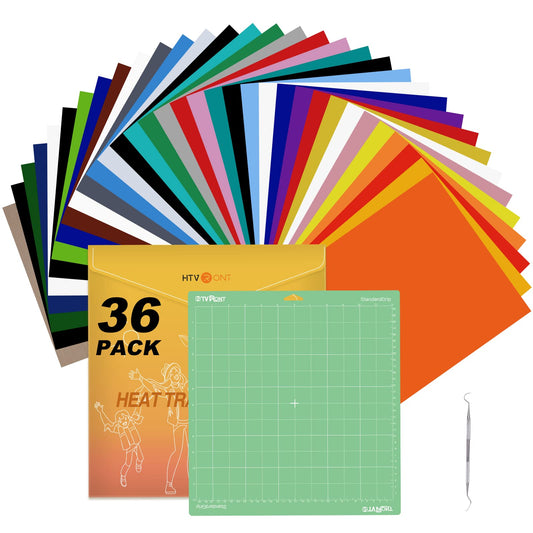 HTVRONT HTV Heat Transfer Vinyl Bundle: 36 Pack 12 x 10" Iron On Vinyl with 1 Pack Standard Grip Cutting Mat for T-Shirt, 25pcs Assorted Colors HTV Vinyl with Tweezer for Cricut, Silhouette Cameo