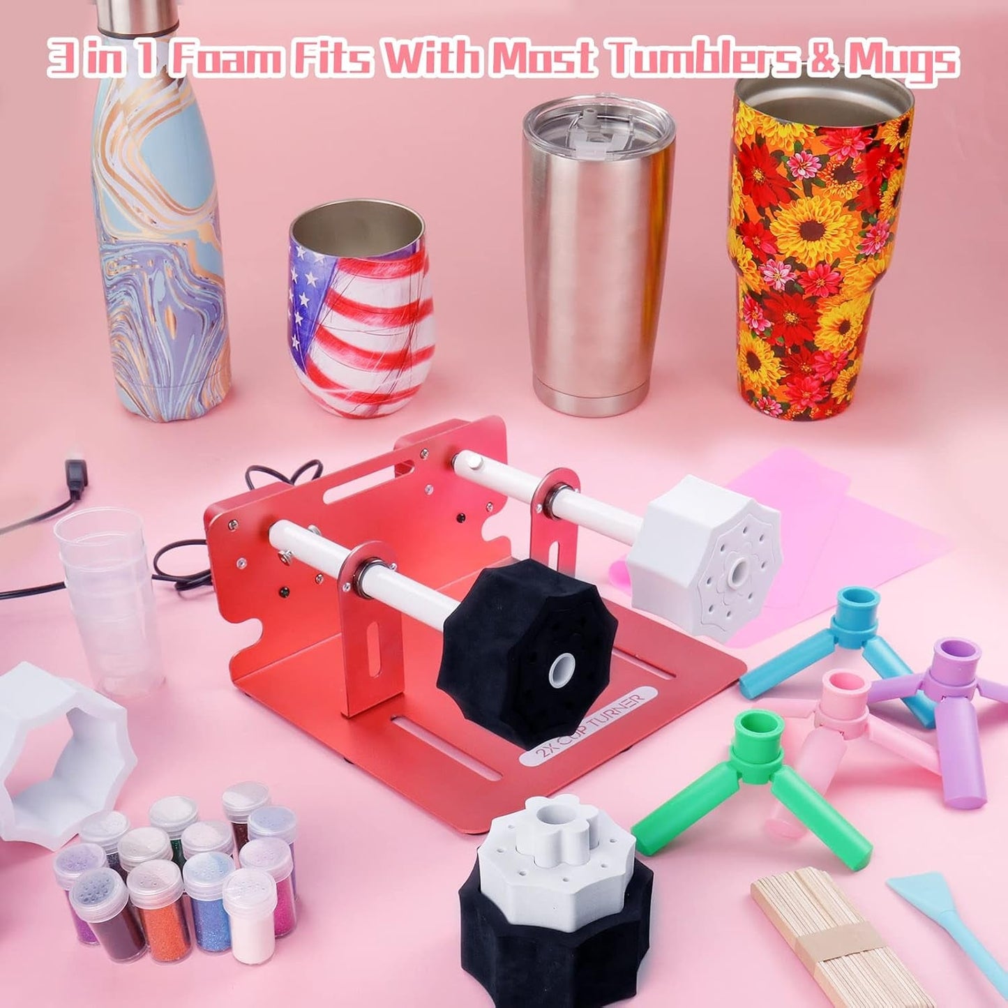 LFSUM 2X Double Cup Turner for Crafts Tumbler,Cup Turners for Tumblers, Cup Spinner Machine Kit,Tumbler Spinner for Epoxy,Glitter Epoxy Tumblers (Rose Gold)