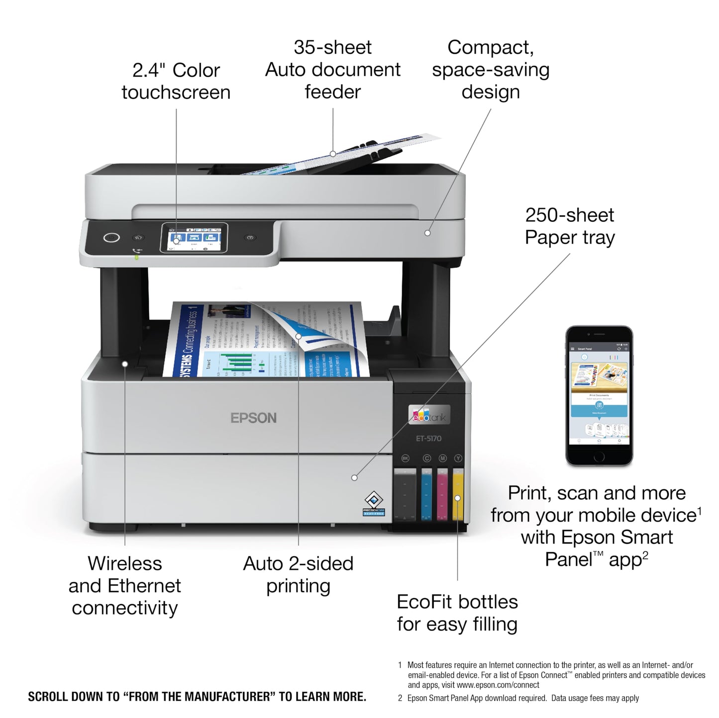 Epson EcoTank Pro ET-5150 Wireless Color All-in-One Supertank Printer with Scanner, Copier, Plus Auto Document Feeder, Large, White