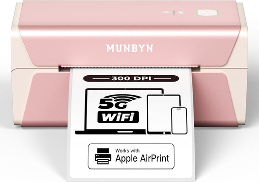 MUNBYN Pink Wireless Label Printer 300DPI, RW401AP Wi-Fi Thermal Printer, AirPrint Connectivity No Driver Compatible with iPhone, iPad, Mac, Work with 4x6 Label for Windows, Android