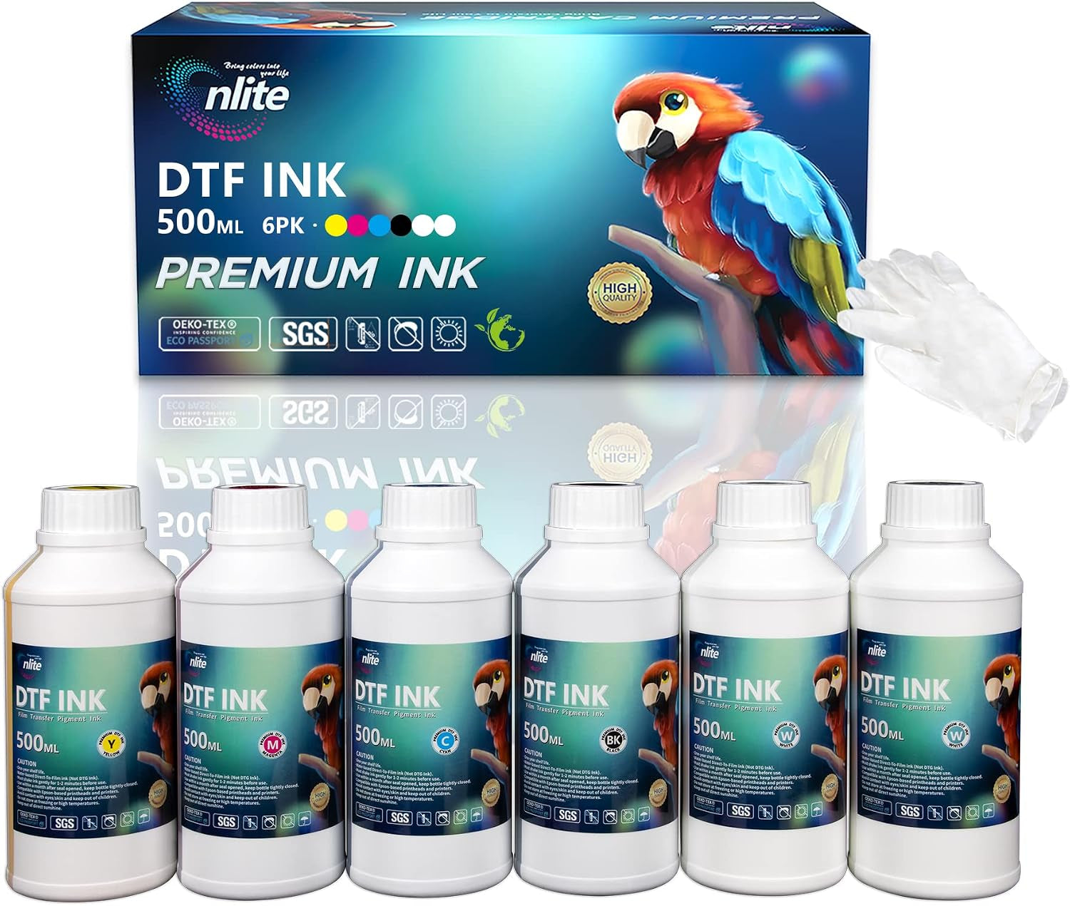 Enlite Premium DTF Ink 500ML Combo Pack, Pigment Ink for PET Film Heat Transfer Printing, Refill for DTF Printer with Printhead DX5 DX7 5113 XP600 I3200 4720 TX800, 2W+1B+1C+1M+1Y
