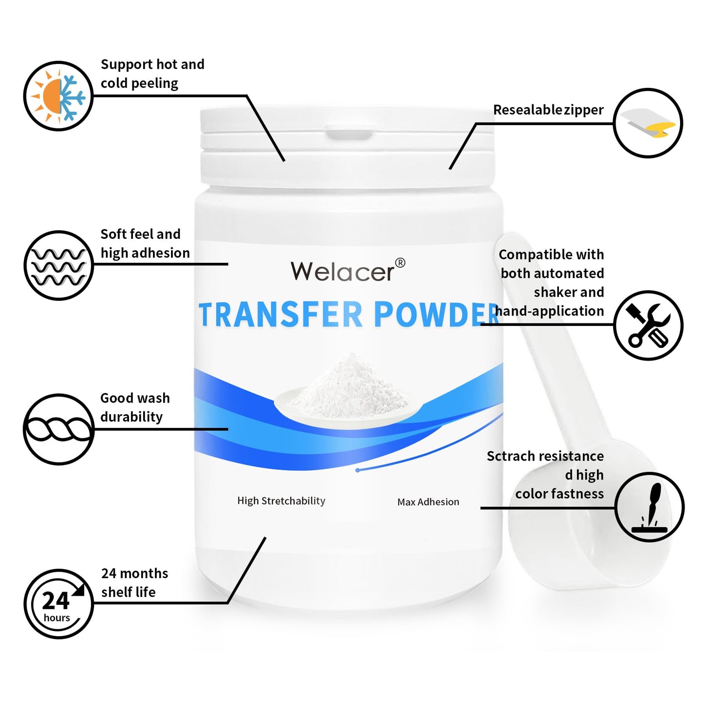 Welacer DTF Powder for Sublimation on Cotton 550g / 1.21lbs, White DTF Pretreat Hot Melt Adhesive Powder for All Transfer Printer Direct Print on Dark or Black Fabric