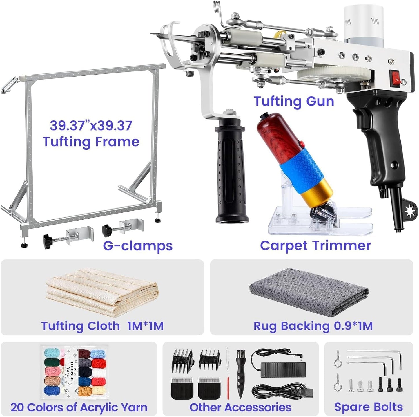 BESGEER Rug Tufting Gun Starter Kit with Metal Frame with Carpet Trimmer - 2 in 1 Cut & Loop Pile Carpet Gun& Carpet Carving Clippers, Rug Tufting Gun Kit with Tufting Frame (Black)