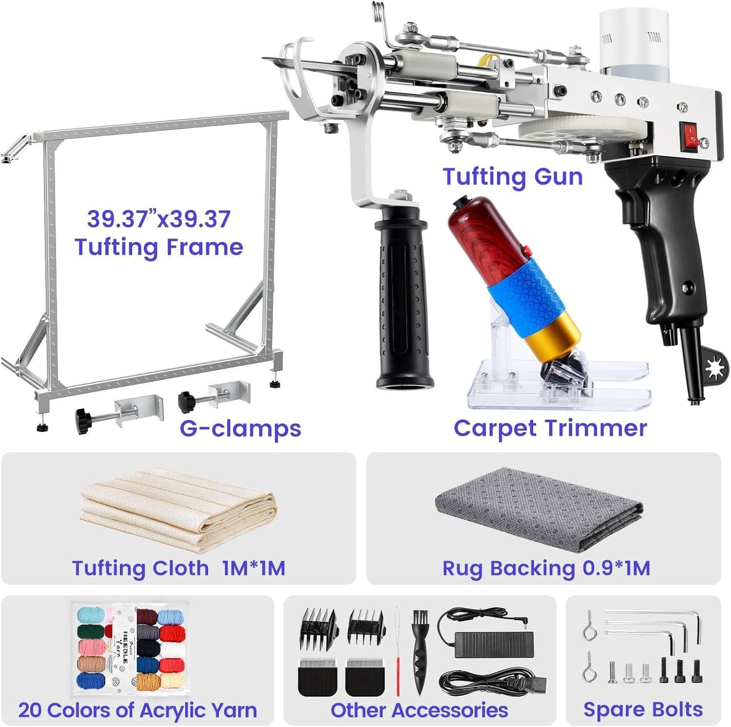 BESGEER Rug Tufting Gun Starter Kit with Metal Frame with Carpet Trimmer - 2 in 1 Cut & Loop Pile Carpet Gun& Carpet Carving Clippers, Rug Tufting Gun Kit with Tufting Frame (Black)