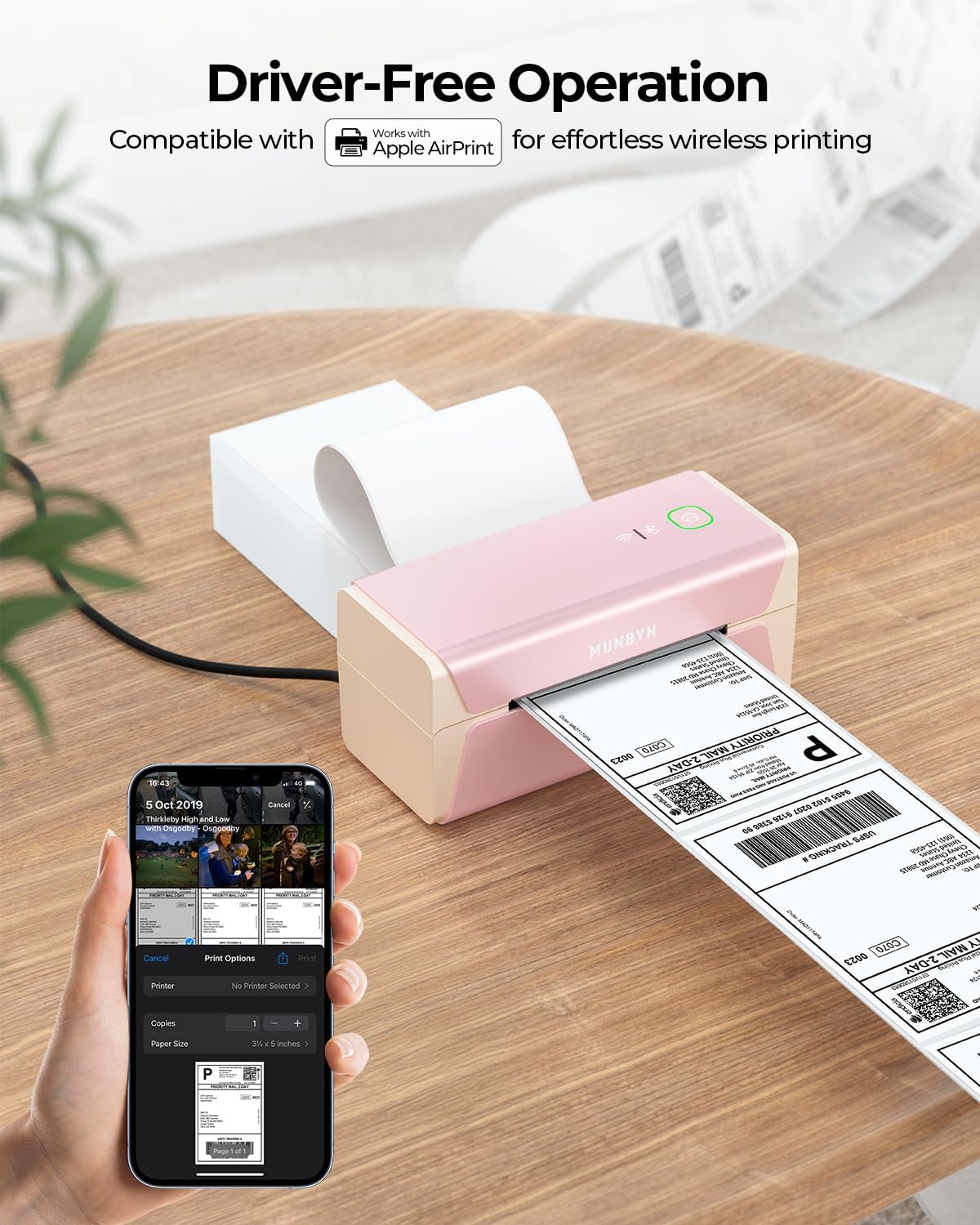 MUNBYN Pink Wireless Label Printer 300DPI, RW401AP Wi-Fi Thermal Printer, AirPrint Connectivity No Driver Compatible with iPhone, iPad, Mac, Work with 4x6 Label for Windows, Android