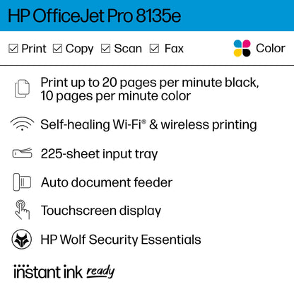 HP OfficeJet Pro 8135e Wireless All-in-One Color Inkjet Printer, Print, scan, Copy, fax, ADF, Duplex Printing Best for Home Office, 3 Months of Ink Included (40Q35A)