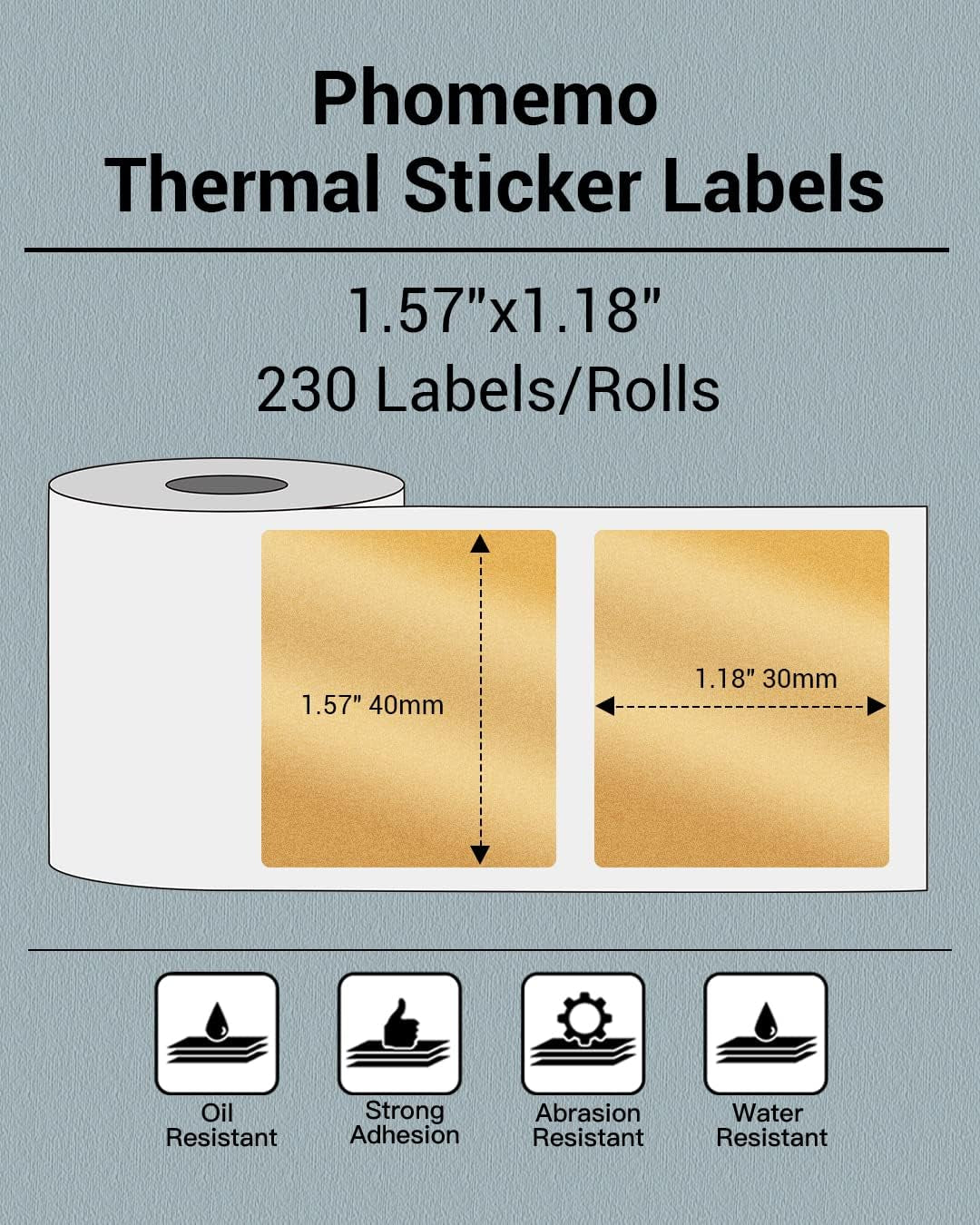 Phomemo Thermal Sticker Labels- 1.57"X1.18"(40X30Mm) Thermal Label for M110/M100/M220/M250/M108, for Barcode/Address/Mailing/Logo/Business/Home Tag, Black on Golden