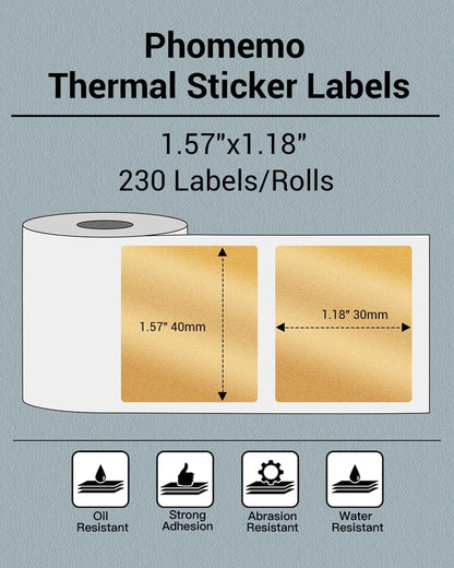 Phomemo Thermal Sticker Labels- 1.57"X1.18"(40X30Mm) Thermal Label for M110/M100/M220/M250/M108, for Barcode/Address/Mailing/Logo/Business/Home Tag, Black on Golden