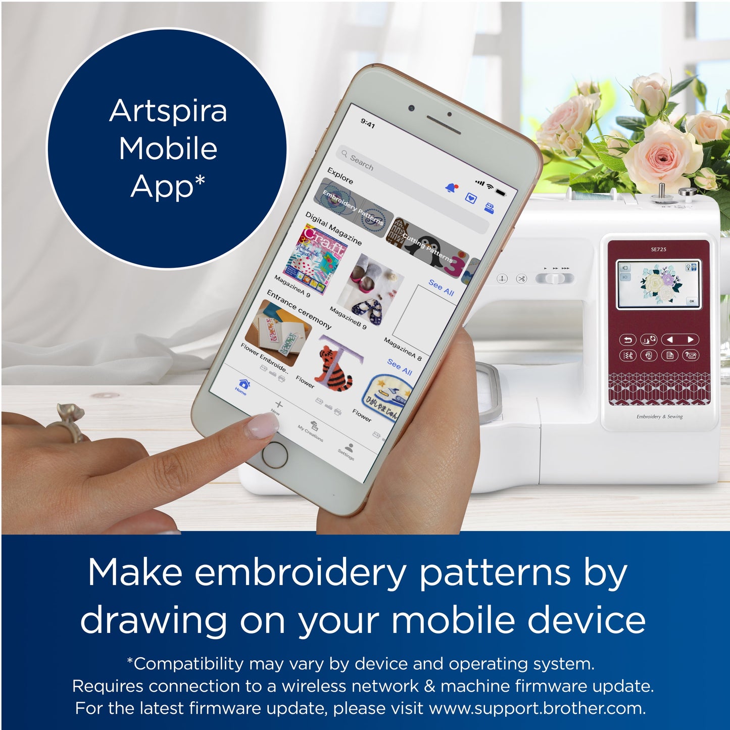 SE725 Sewing and Embroidery Machine with Artspira App, 50 Free Designs