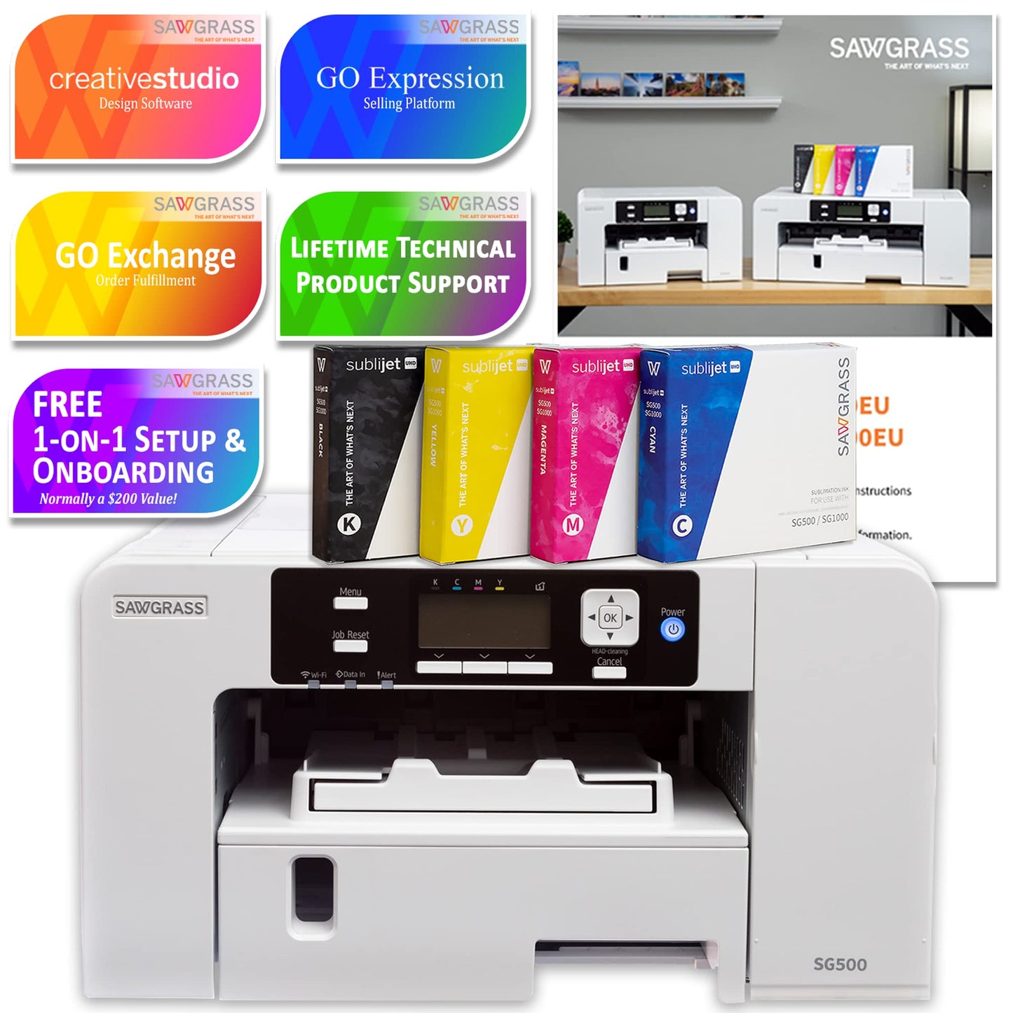 Sawgrass UHD Virtuoso SG500 Sublimation Printer, 15"x15" Heat Press, Inks, Blanks, Paper, Designs, and More