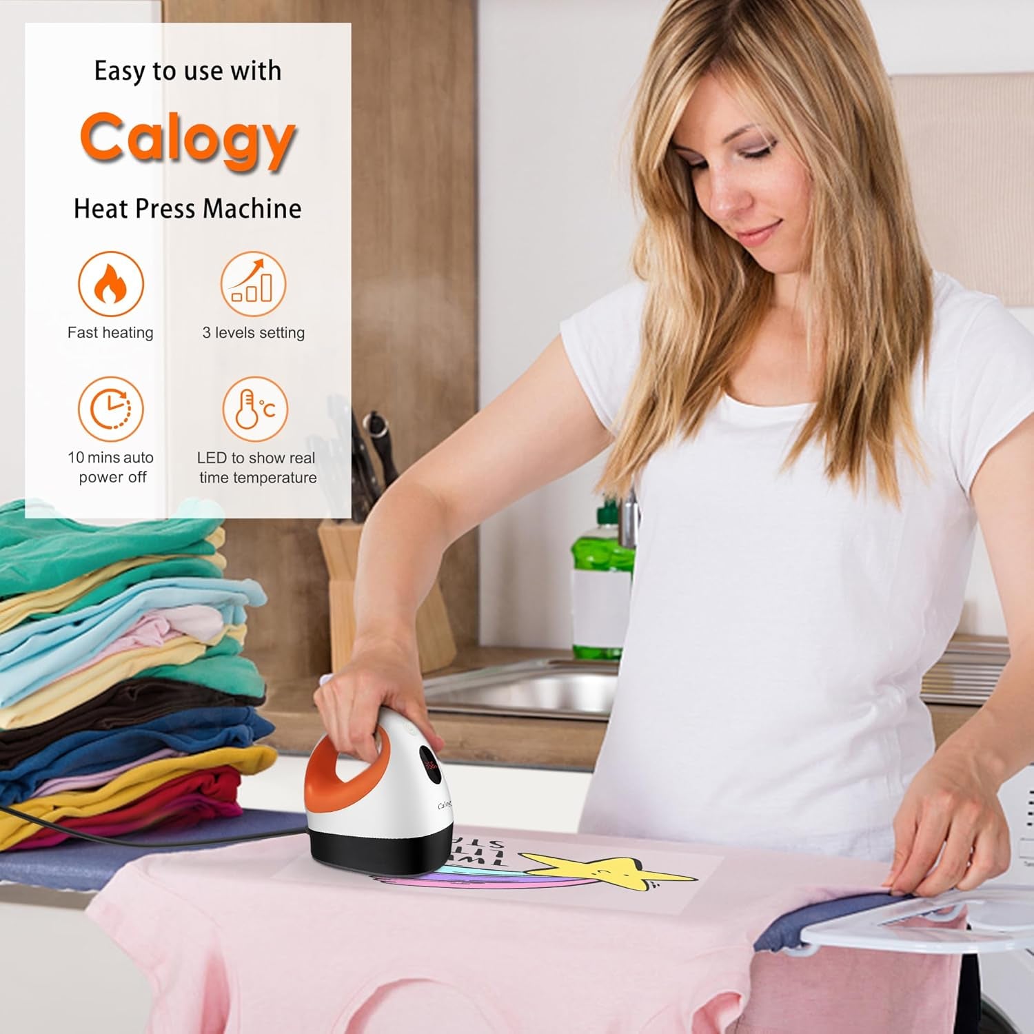 Calogy Mini Heat Press, Heat Transfer Machine, Constant Temp Control, Insulated Safety Base, Fits for Crafts, T-Shirt, Hat, Cap, Pillows (White Orange)