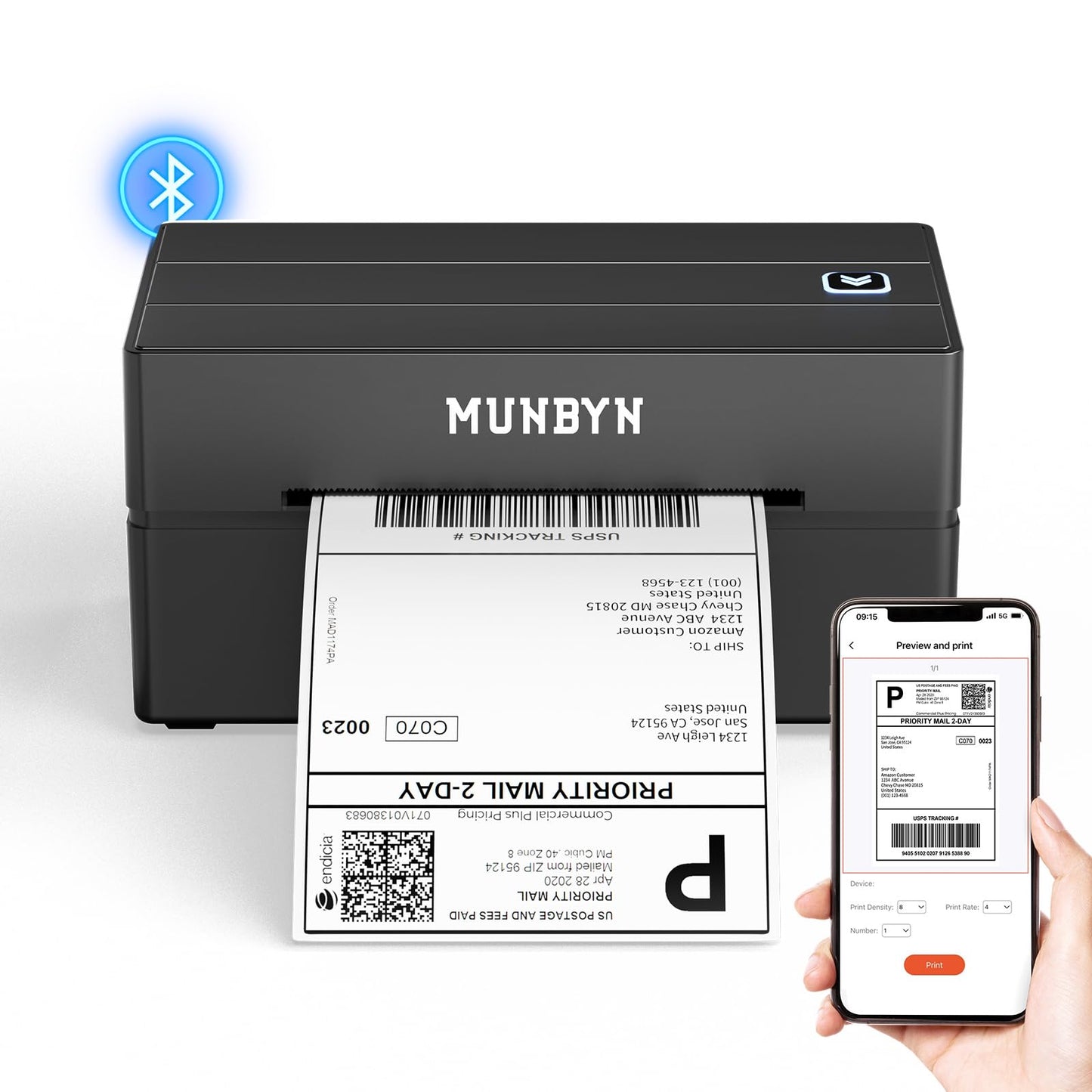 MUNBYN Bluetooth Thermal Label Printer, 130B Wireless 4x6 Shipping Label Printer for Shipping Packages Small Business Office or Home, Compatible with iPhone Android iPad Windows macOS Chrome Etsy eBay