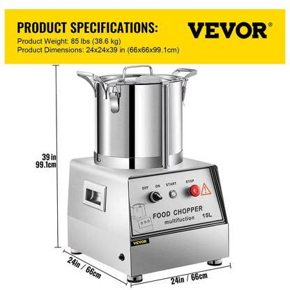 110V Commercial Food Processor 15L Stainless Steel Grain Grinder 1400W Electric Food Grinder Cutter Mixer Perfect for Meat or Vegetable Stuffing, Fruit or Peanut Jam, Grain Powder