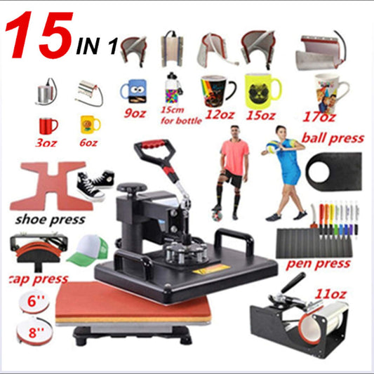 15 In 1 Combo Muntifunctional Sublimation Heat Press Machine Tshirt Heat Transfer Printer For Mug/Cap/football/bottle/pen/shoes