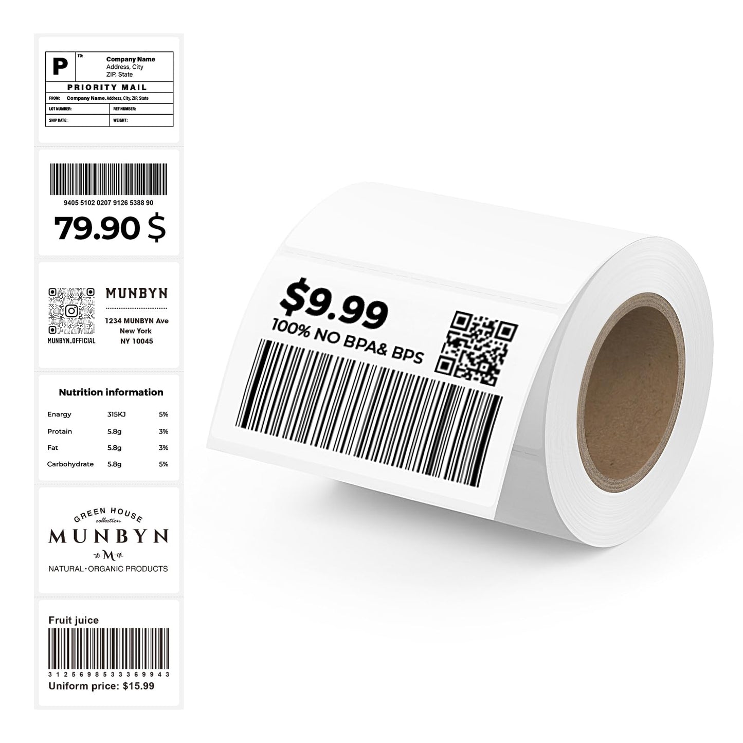 MUNBYN 2.25"x1.25" Direct Thermal Labels, White Thermal Printer Labels for UPC Barcode, Self-Adhesive Address Shipping Thermal Label Stickers-1 Roll,1000 Labels