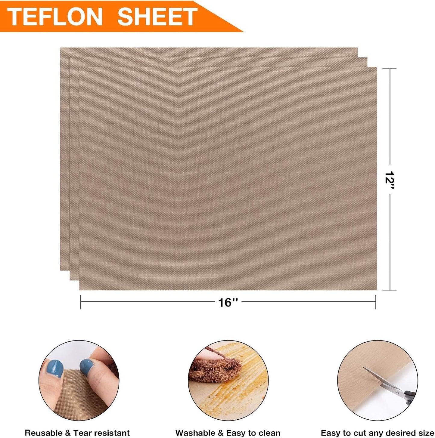 3 Pack PTFE Teflon Sheet for Heat Press Transfer Sheet Non Stick 16 x 20" Heat Transfer Paper Reusable Heat Resistant Craft Mat