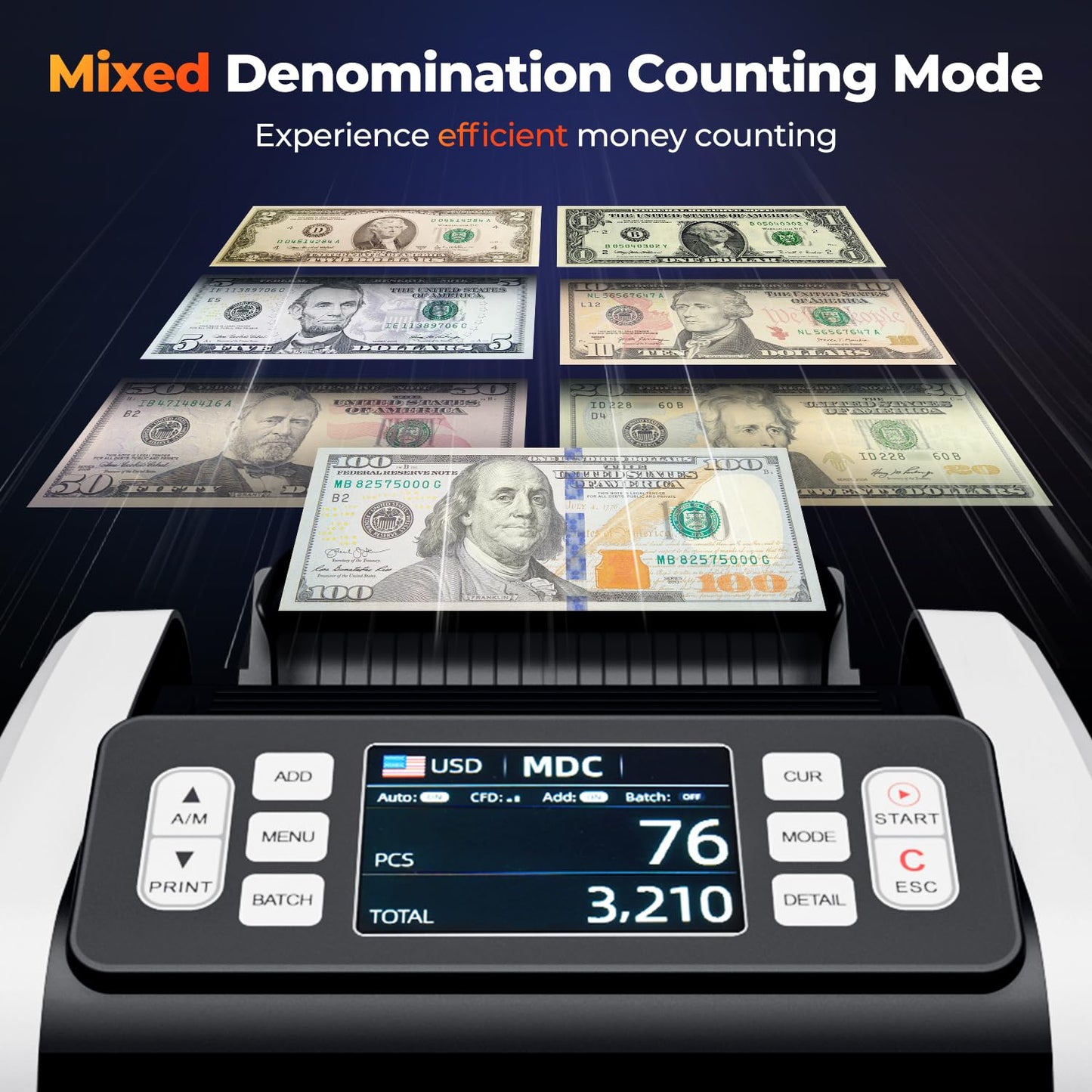 MUNBYN IMC09 Mixed Denomination Money Counter Machine, Value Counting, UV/MG/IR/MT Bill Counter, 3.5" TFT Display Money Counting Machine Printer Enabled, USD, EUR, MXN Cash Counter for Business(Black)